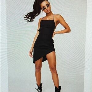 LIONESS Vivian No Love No Lies Side Ruched Black Mini Dress Linen Blend